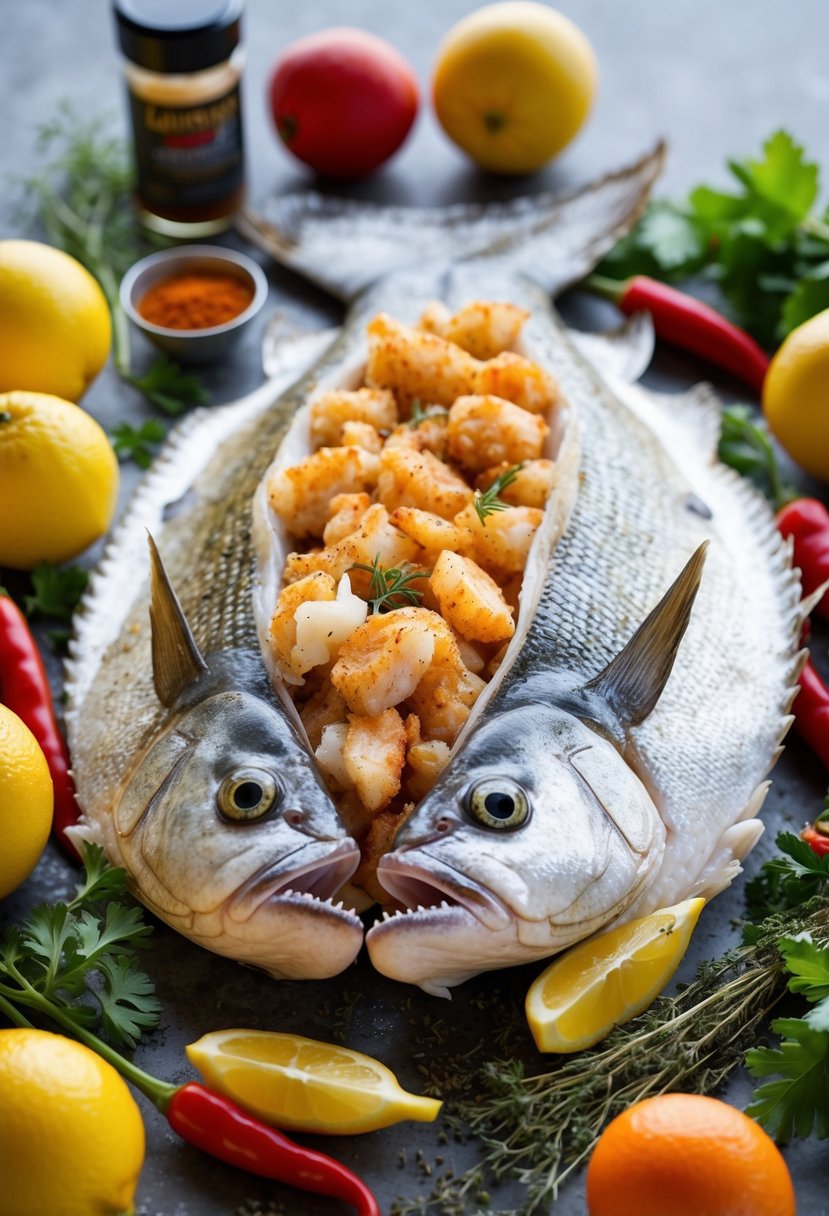 A whole flounder stuffed with seasoned crabmeat, surrounded by colorful Louisiana spices and herbs