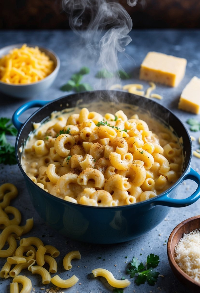 A steaming pot of creamy mac and cheese surrounded by scattered ingredients like cheese, pasta, and seasonings on a rustic kitchen countertop