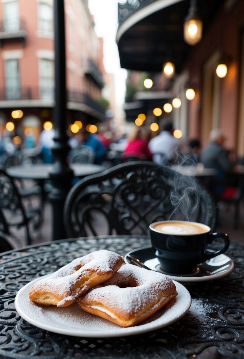 A bustling New Orleans cafe with a powdered sugar-dusted plate of beignets and a steaming cup of coffee on a wrought iron table