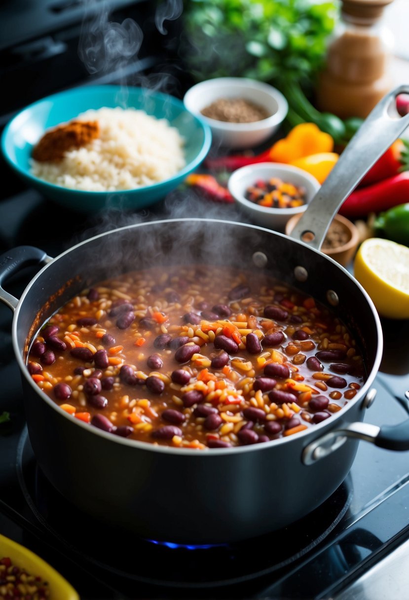 A steaming pot of red beans and rice simmering on a stovetop, surrounded by colorful spices and fresh ingredients