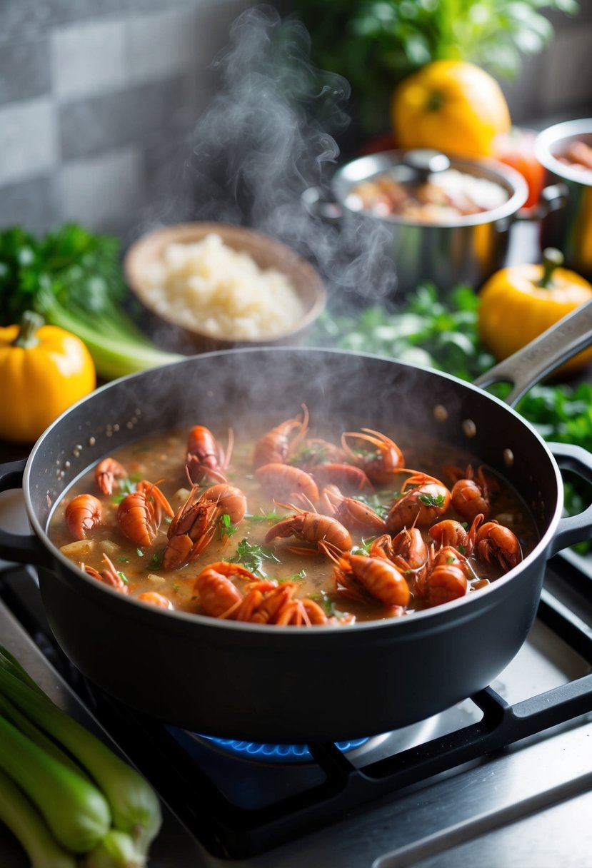 A steaming pot of Crawfish Étouffée simmering on a stovetop, surrounded by fresh vegetables and herbs