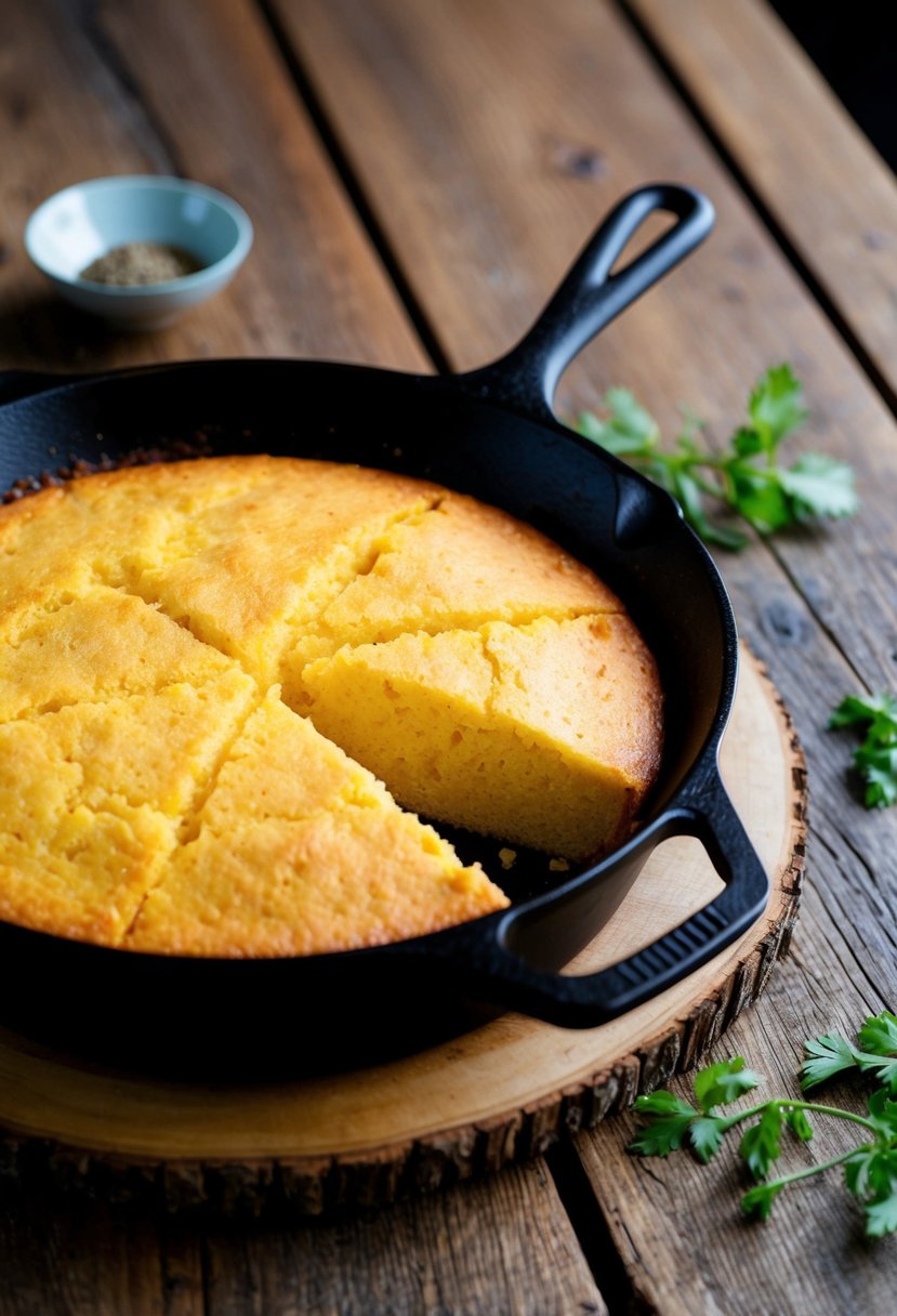 A cast-iron skillet filled with golden cornbread, infused with the flavors of Creole spices and Louisiana ingredients, sitting on a rustic wooden table