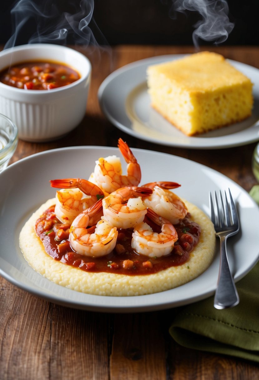 A steaming plate of shrimp and grits topped with a savory Louisiana-style sauce, served alongside a side of buttery cornbread