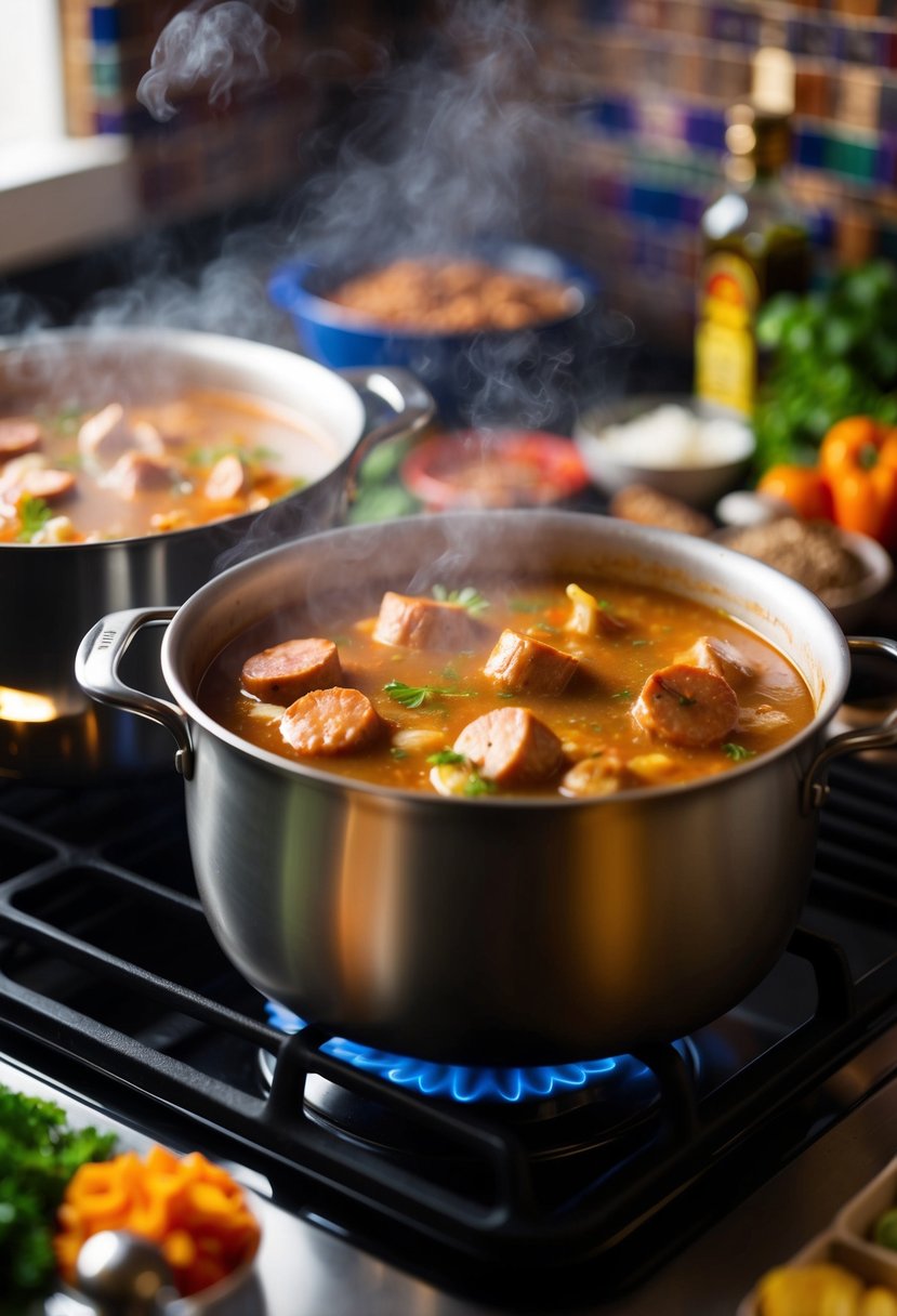 A steaming pot of chicken and sausage gumbo simmers on a stove, surrounded by colorful vegetables and aromatic spices