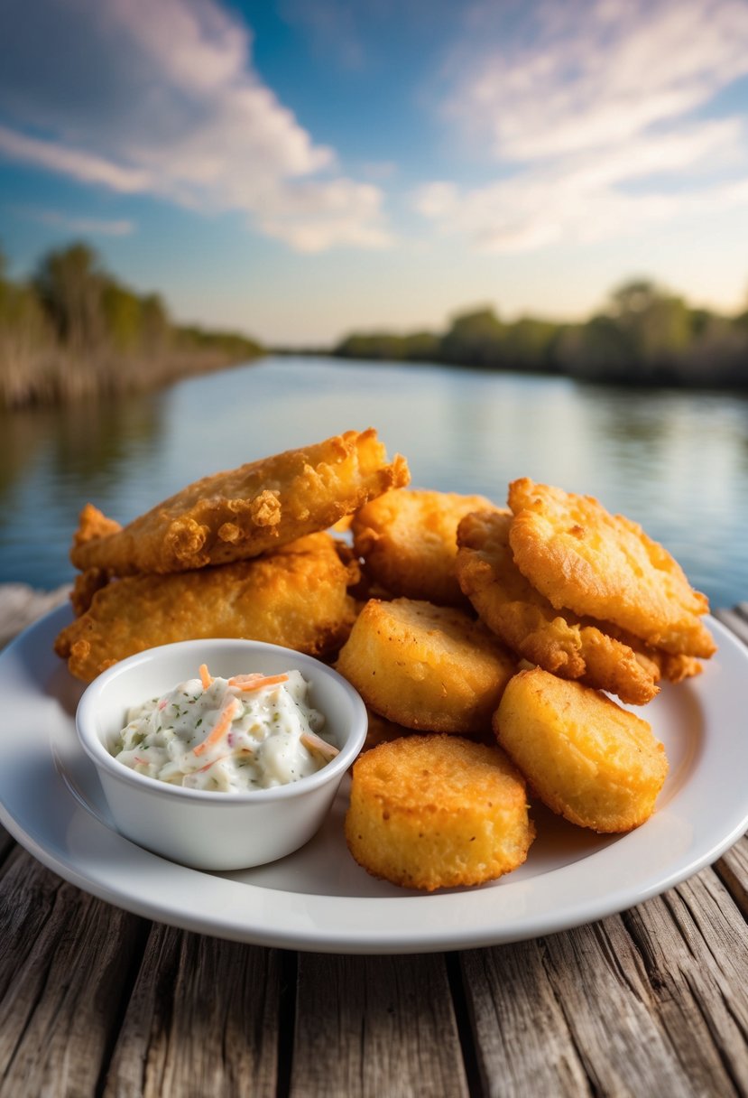 A plate of golden fried catfish and hush puppies with a side of coleslaw, set against a backdrop of a Louisiana bayou