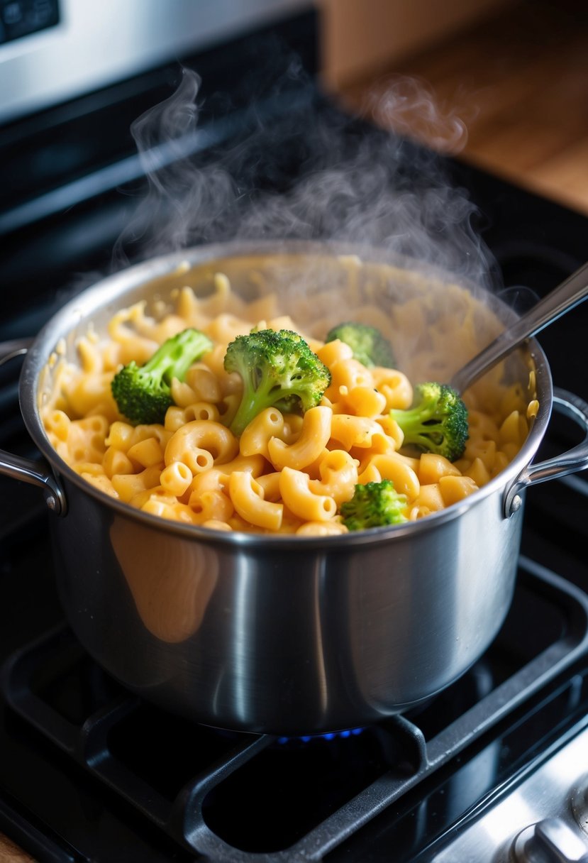 A steaming pot of creamy white cheddar and broccoli mac and cheese bubbling on the stove