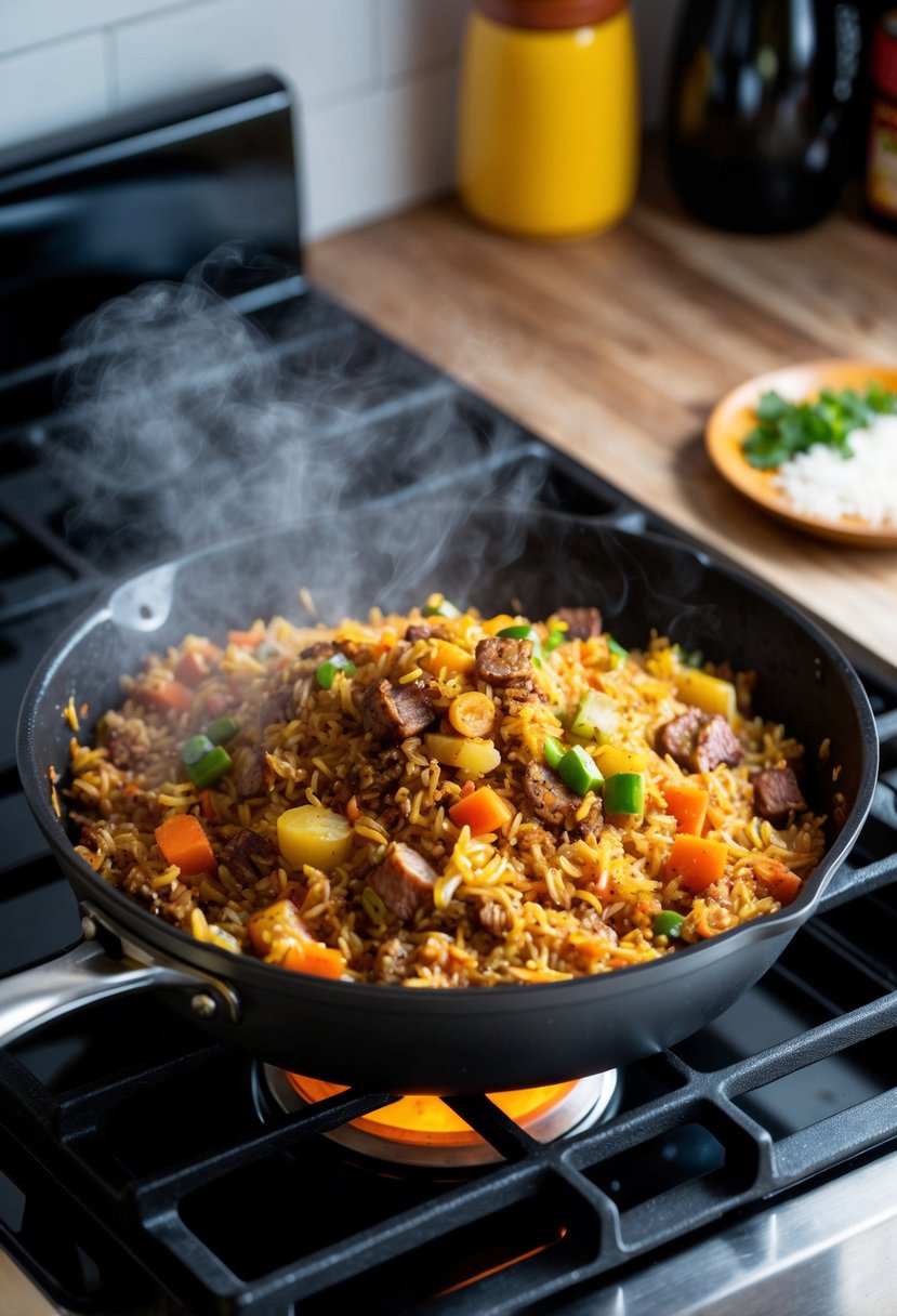 A steaming skillet of Cajun dirty rice with a mix of savory meats, vegetables, and spices sizzling over a hot stove