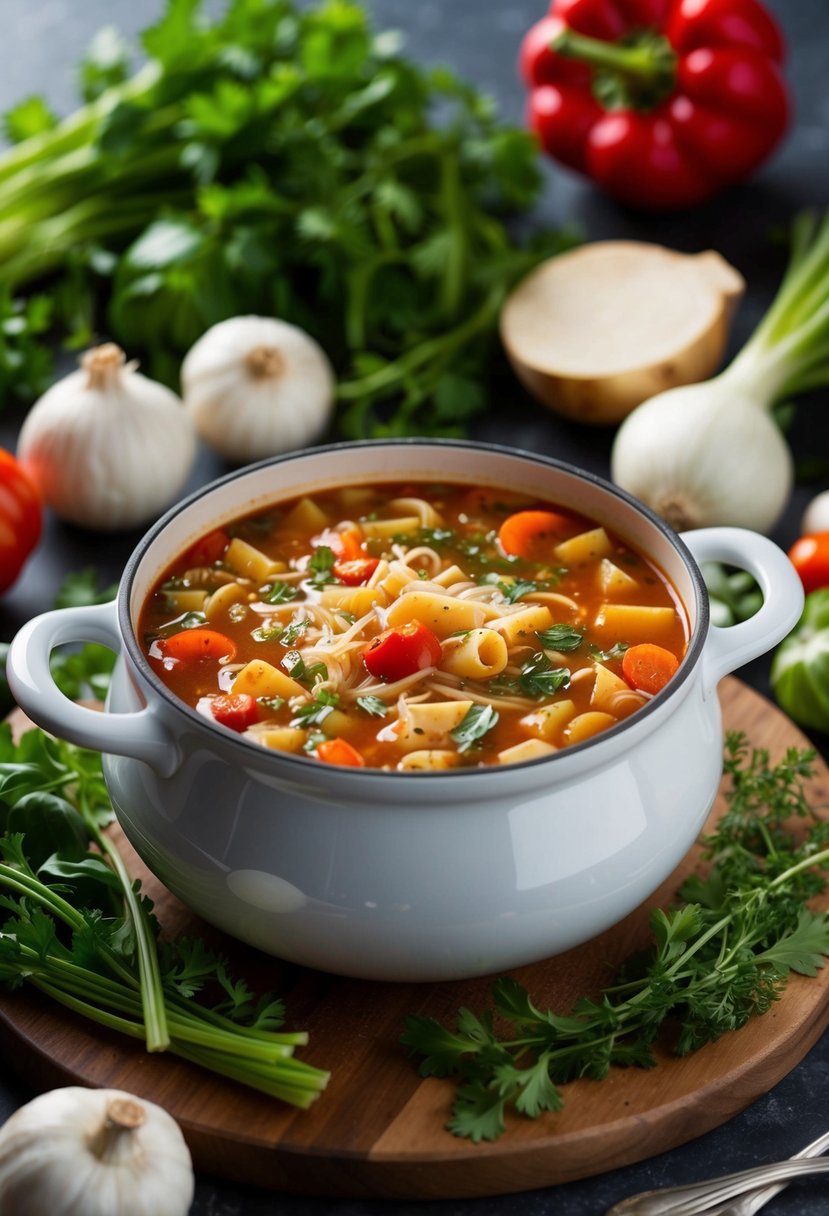 A bubbling pot of Italian soup surrounded by fresh vegetables and herbs