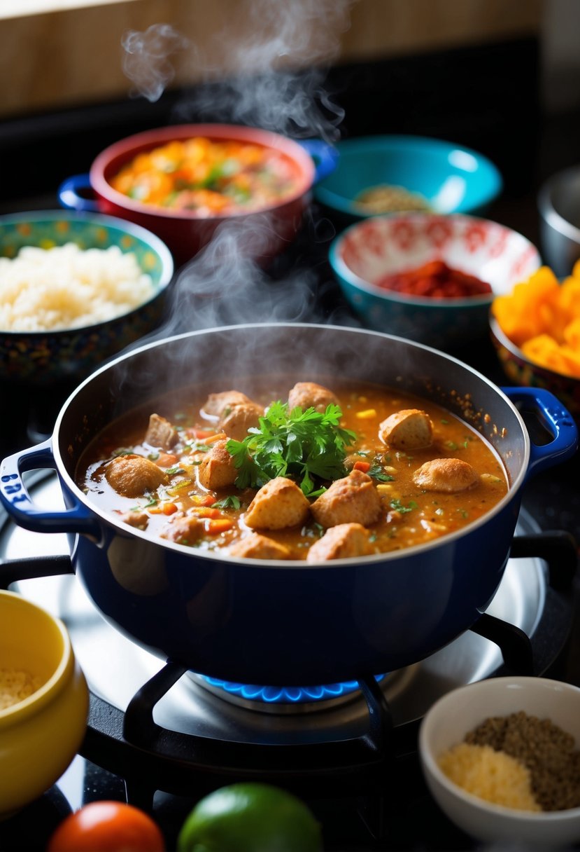 A steaming pot of Creole Daube simmering on a stovetop, surrounded by colorful ingredients and spices