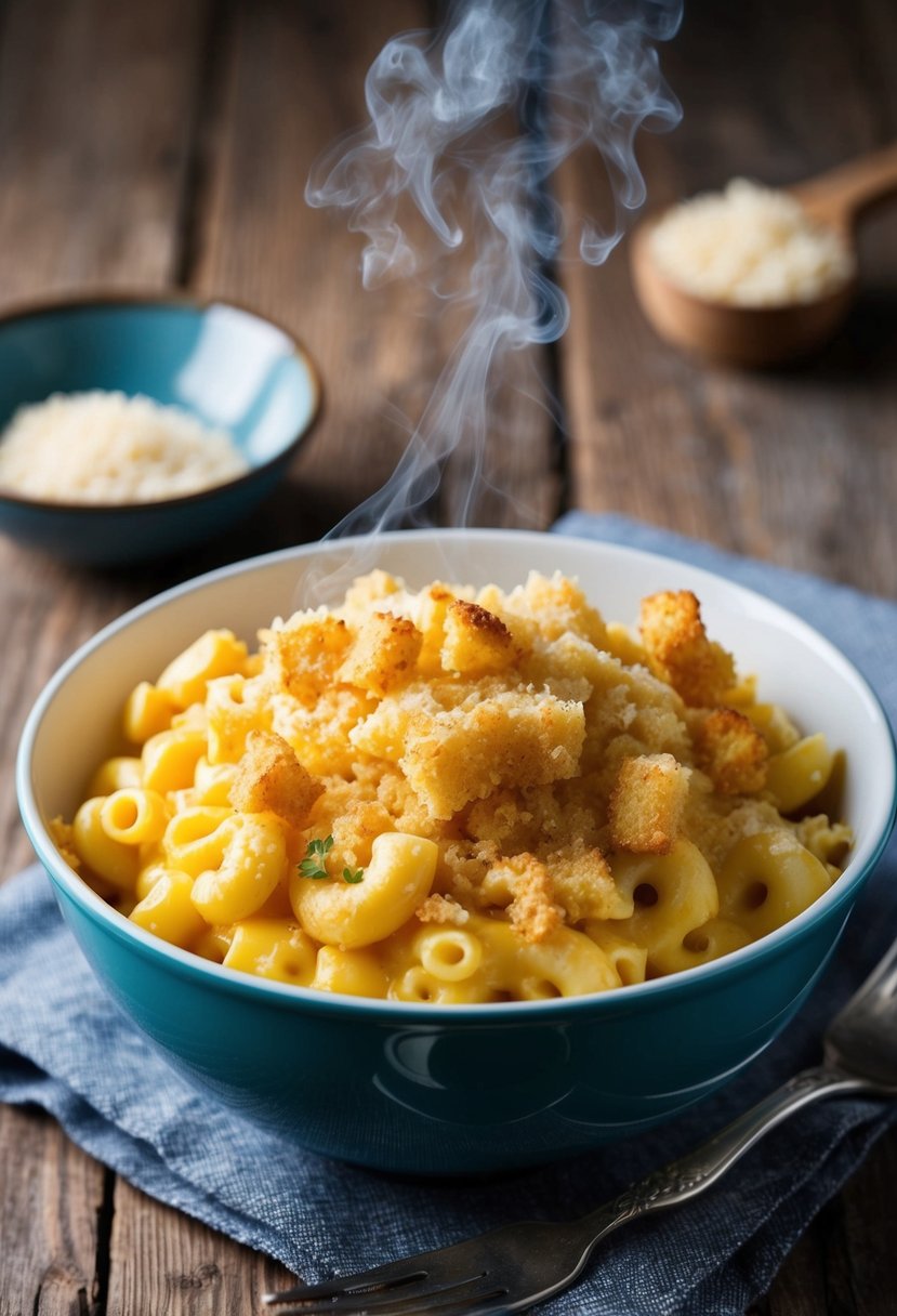 A steaming bowl of Garlic Parmesan Mac and Cheese, topped with golden breadcrumbs, sits on a rustic wooden table