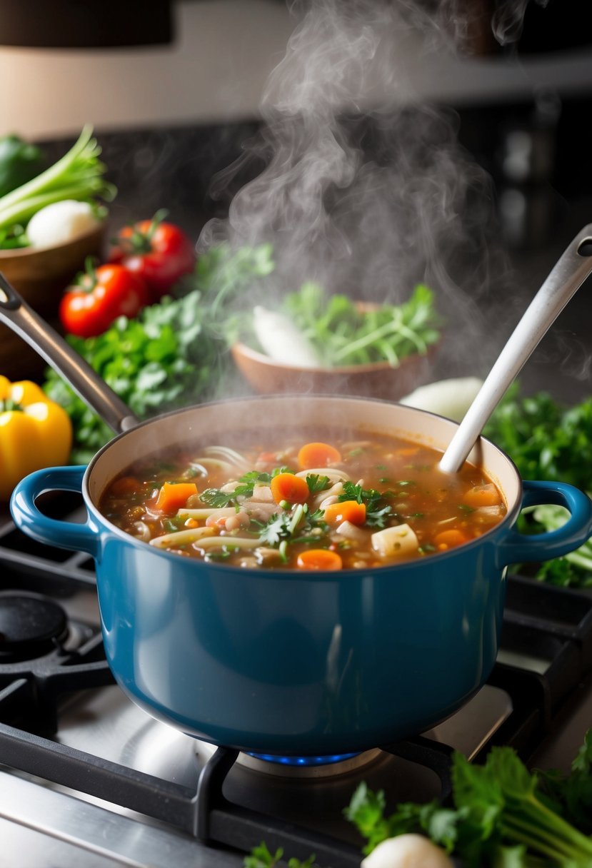 A steaming pot of minestrone soup simmers on a stovetop, surrounded by fresh vegetables, herbs, and a ladle resting on the side