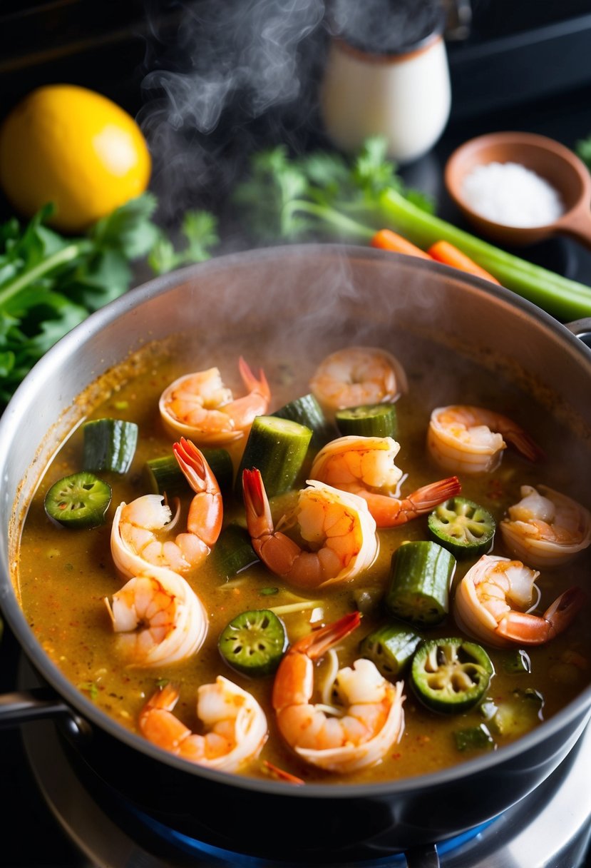 A steaming pot of seafood gumbo simmers on a stovetop, filled with shrimp, crab, and okra, surrounded by spices and fresh vegetables