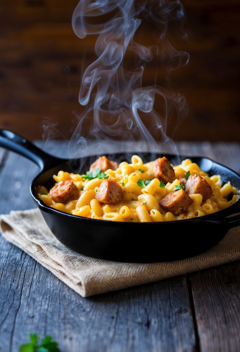 A steaming skillet of Gouda and Sausage Mac and Cheese bubbling with cheese and chunks of savory sausage