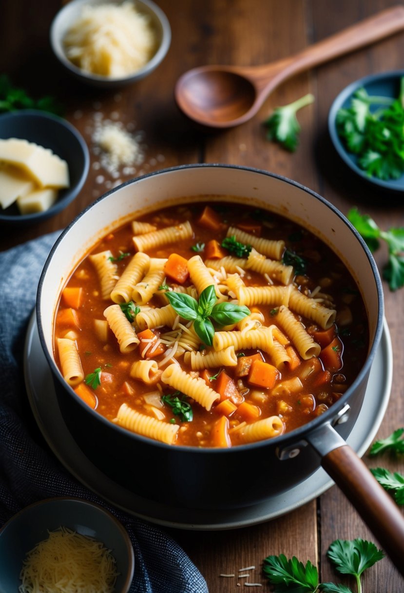 A simmering pot of Pasta e Fagioli soup surrounded by fresh ingredients and a rustic wooden spoon