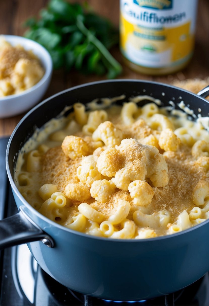 A pot of creamy cauliflower mac and cheese bubbling on the stove, with a sprinkle of breadcrumbs on top