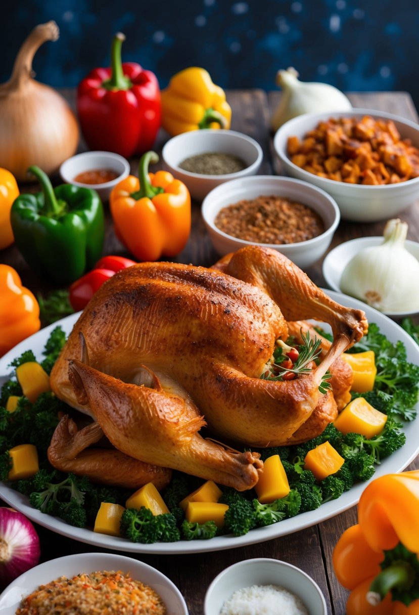 A table spread with a turducken surrounded by Louisiana ingredients like Cajun seasoning, bell peppers, and onions