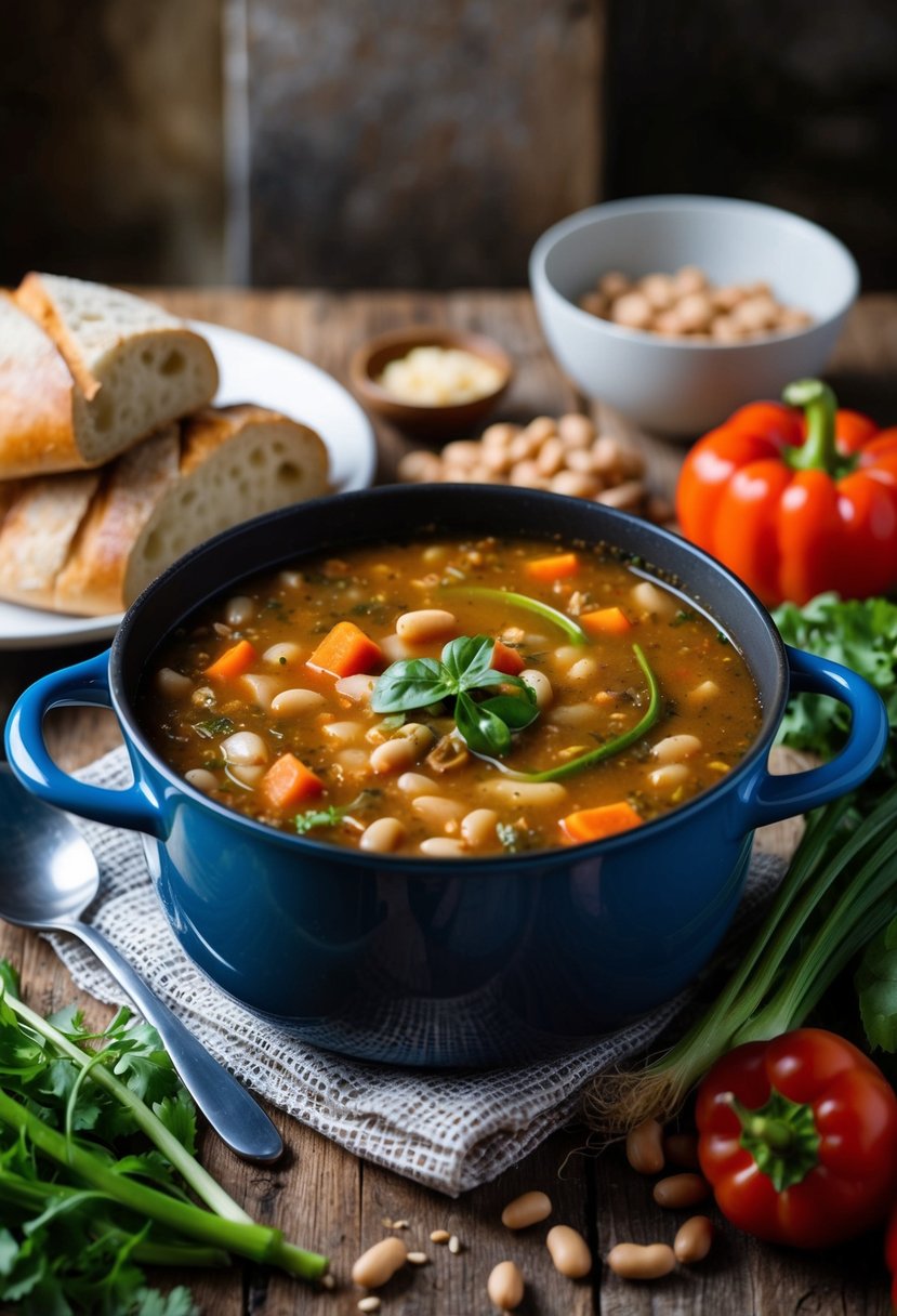 A rustic kitchen with a bubbling pot of Ribollita soup surrounded by fresh vegetables, beans, and crusty bread