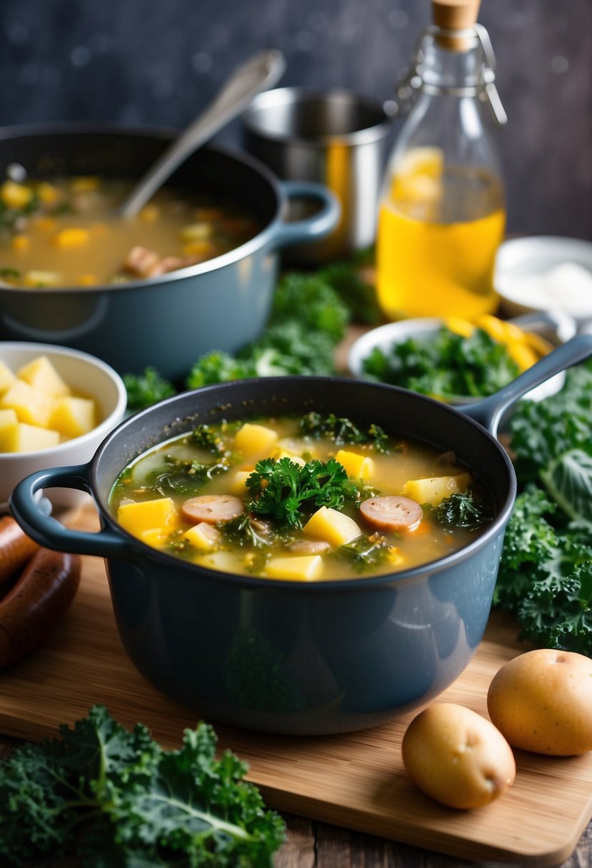 A rustic kitchen with a bubbling pot of Zuppa Toscana soup, surrounded by fresh ingredients like kale, sausage, and potatoes