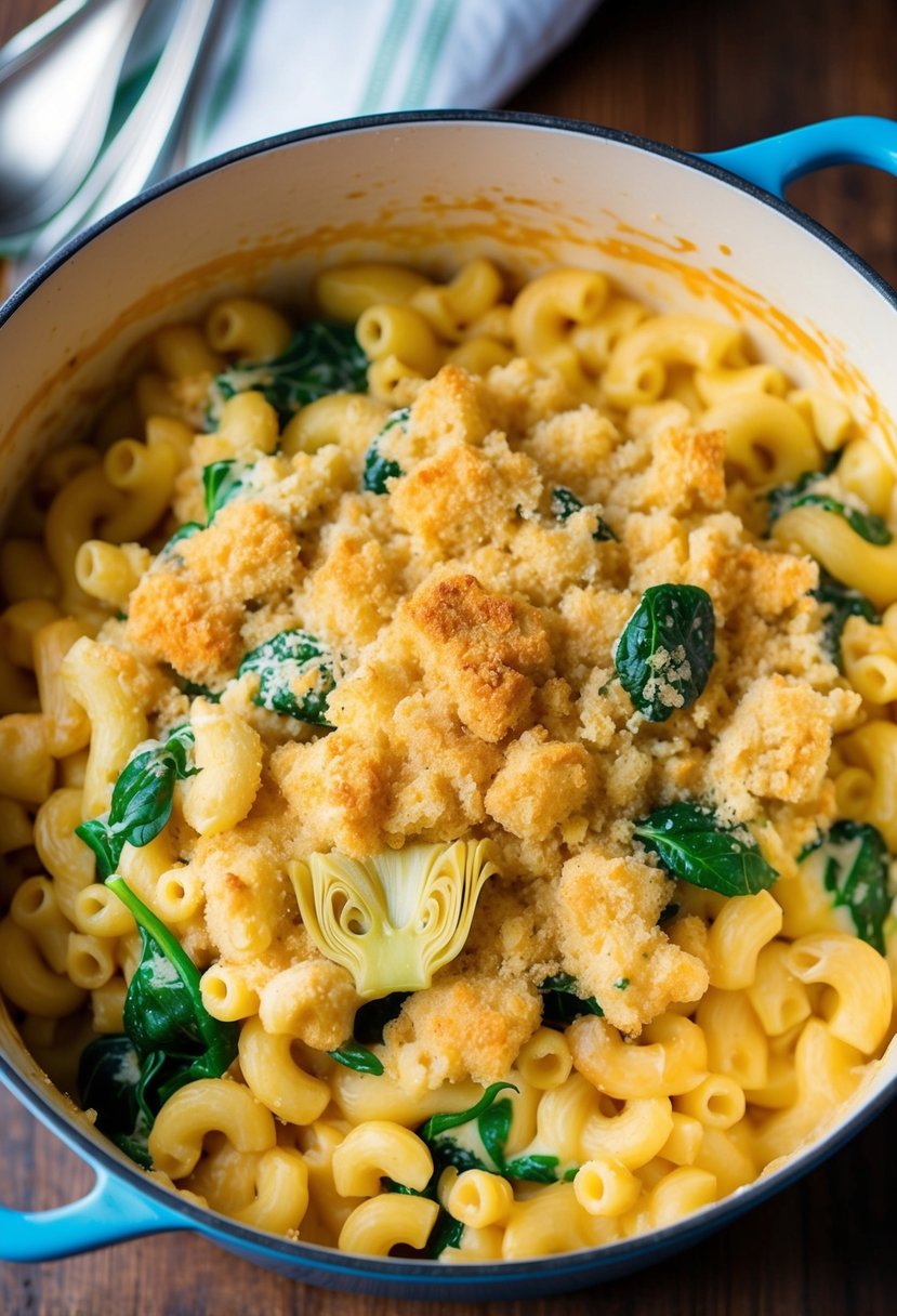 A bubbling pot of creamy mac and cheese with vibrant green spinach and artichoke mixed in, topped with a golden breadcrumb crust