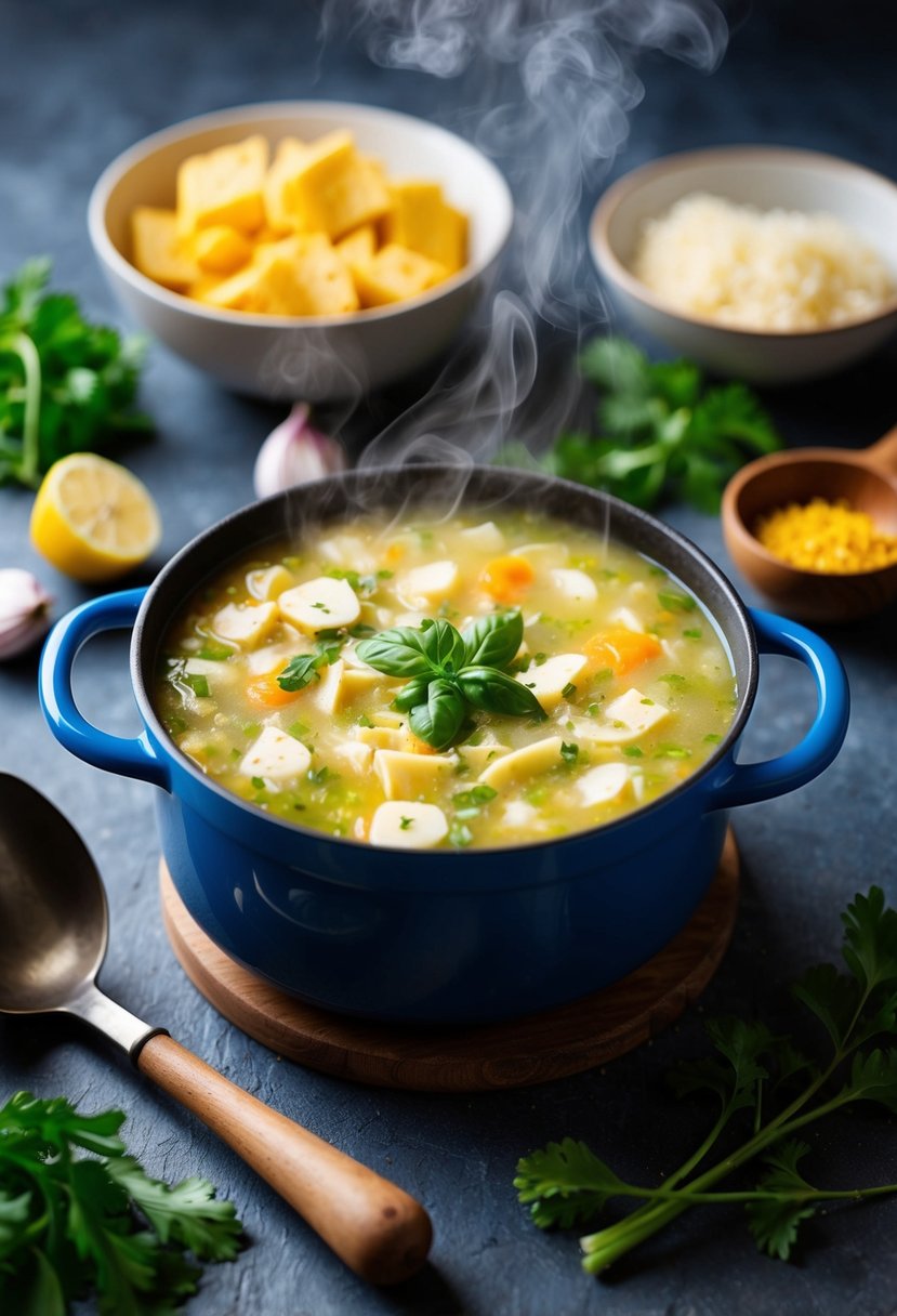 A steaming pot of Stracciatella soup surrounded by fresh ingredients and a rustic ladle