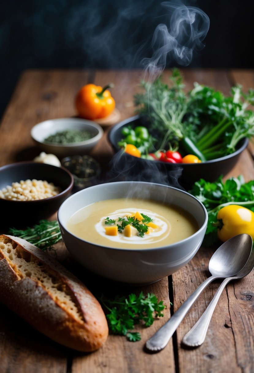 A rustic kitchen table holds a steaming bowl of Acquacotta soup, surrounded by fresh vegetables, herbs, and a loaf of crusty bread