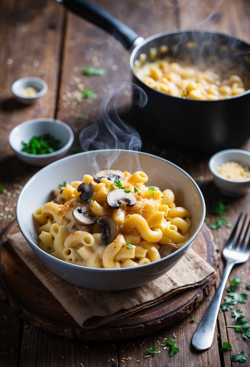 A steaming bowl of Mushroom and Swiss Mac and Cheese sits on a rustic wooden table, surrounded by scattered ingredients and a bubbling pot