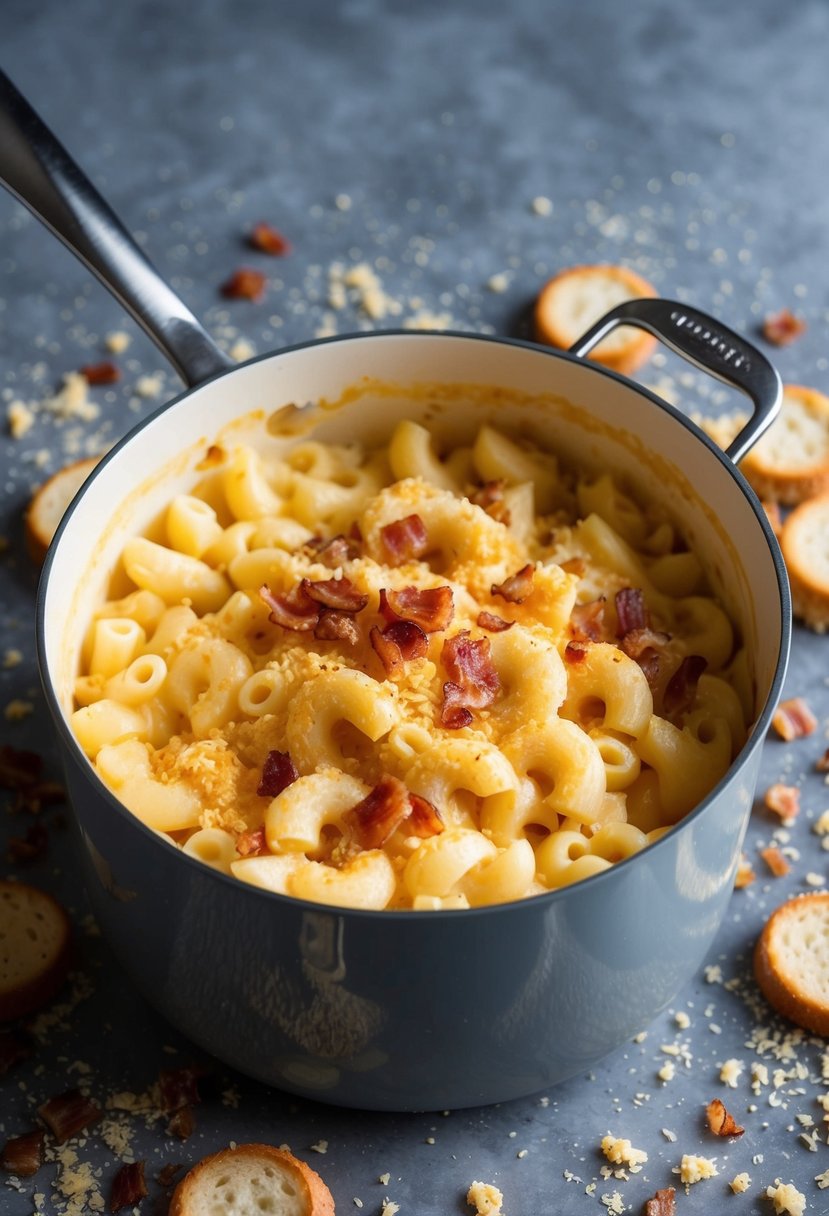 A bubbling pot of creamy mac and cheese surrounded by scattered breadcrumbs and sprinkled with crispy bacon bits