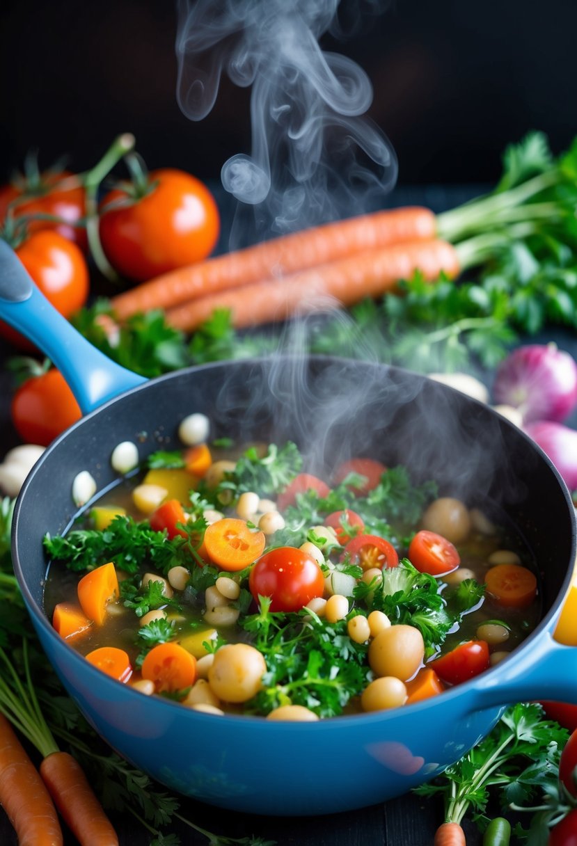 A pot simmering with colorful vegetables and herbs, steam rising, surrounded by fresh ingredients like tomatoes, carrots, and beans