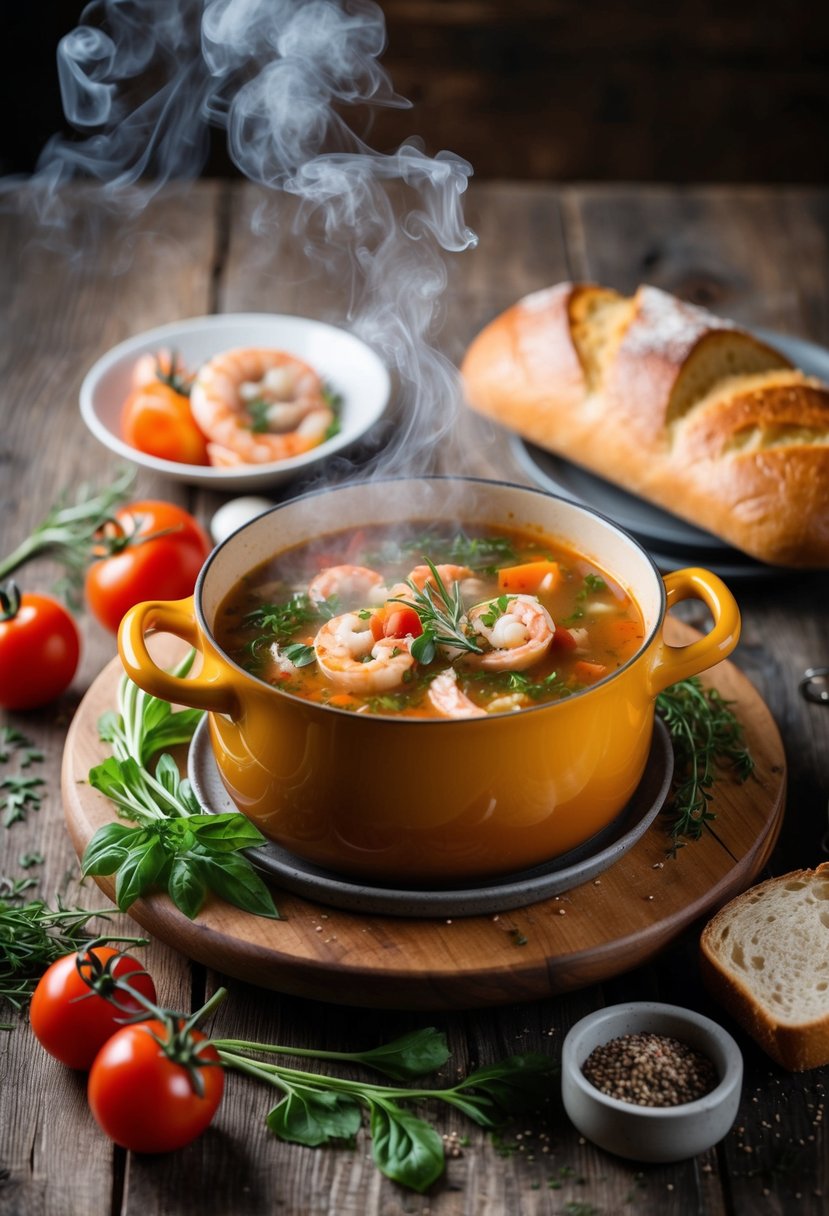 A steaming pot of brodetto soup surrounded by fresh seafood, tomatoes, herbs, and a loaf of crusty bread on a rustic wooden table