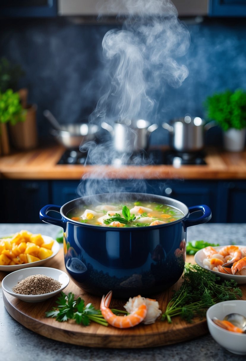 A steaming pot of Cacciucco soup surrounded by fresh seafood and aromatic herbs on a rustic kitchen counter