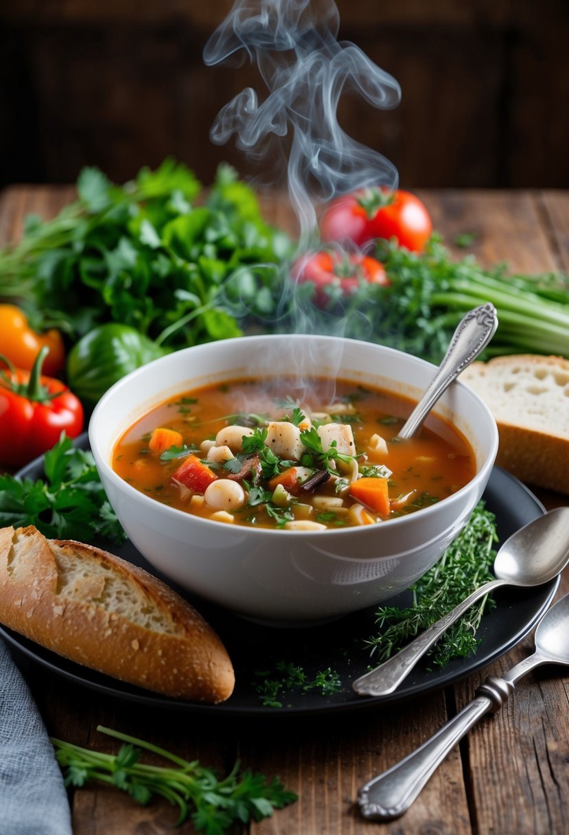 A rustic kitchen table with a steaming bowl of fagiolata soup, surrounded by fresh vegetables, herbs, and a loaf of crusty bread