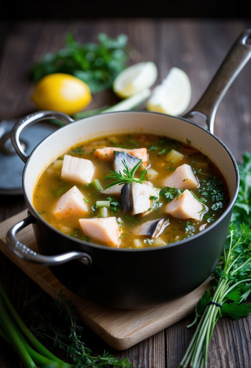 A pot of Italian brodetto soup with chunks of sgombro fish, surrounded by fresh herbs and vegetables