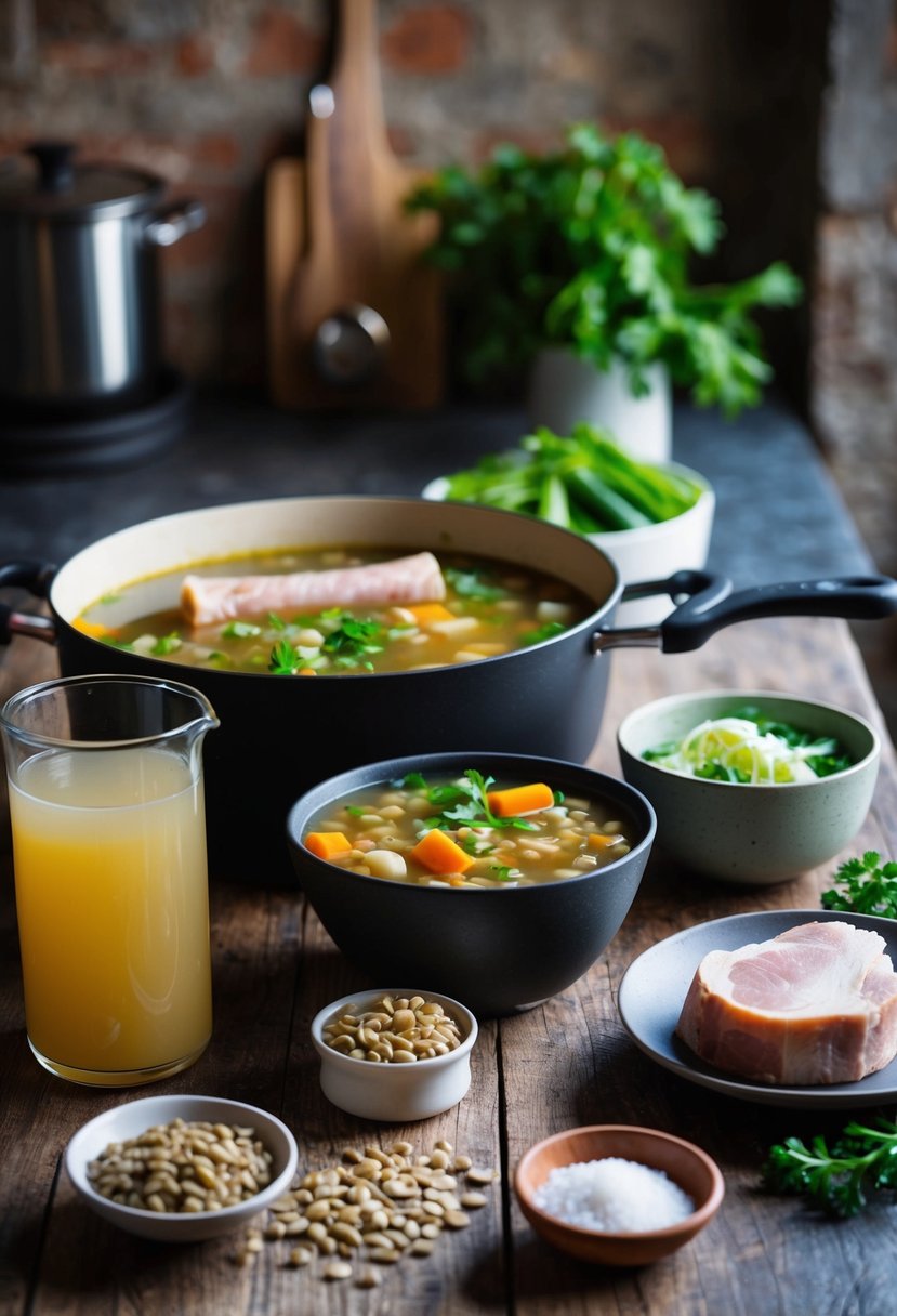 A rustic kitchen table set with ingredients for Lenticchie e Cotiche soup: lentils, pork rind, vegetables, and broth in a pot