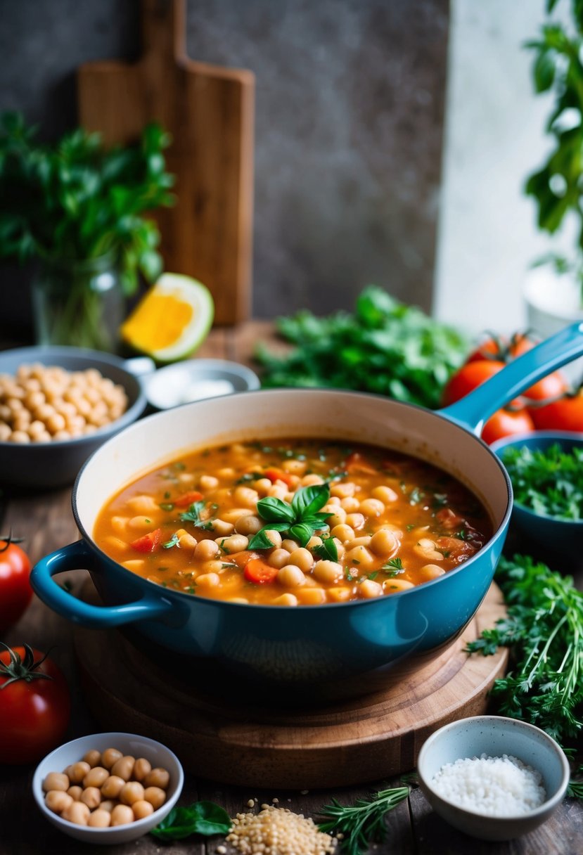 A rustic kitchen with a simmering pot of Zuppa di Ceci surrounded by fresh ingredients like chickpeas, tomatoes, and herbs