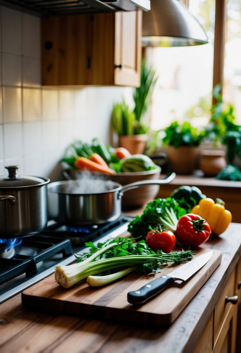 A rustic kitchen with fresh vegetables, a pot simmering on the stove, and a chef's knife on a wooden cutting board