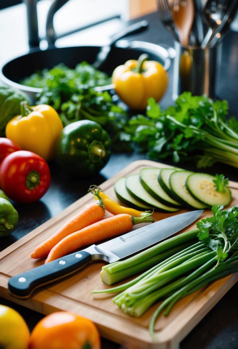 Fresh vegetables arranged on a cutting board with a knife and various cooking utensils nearby