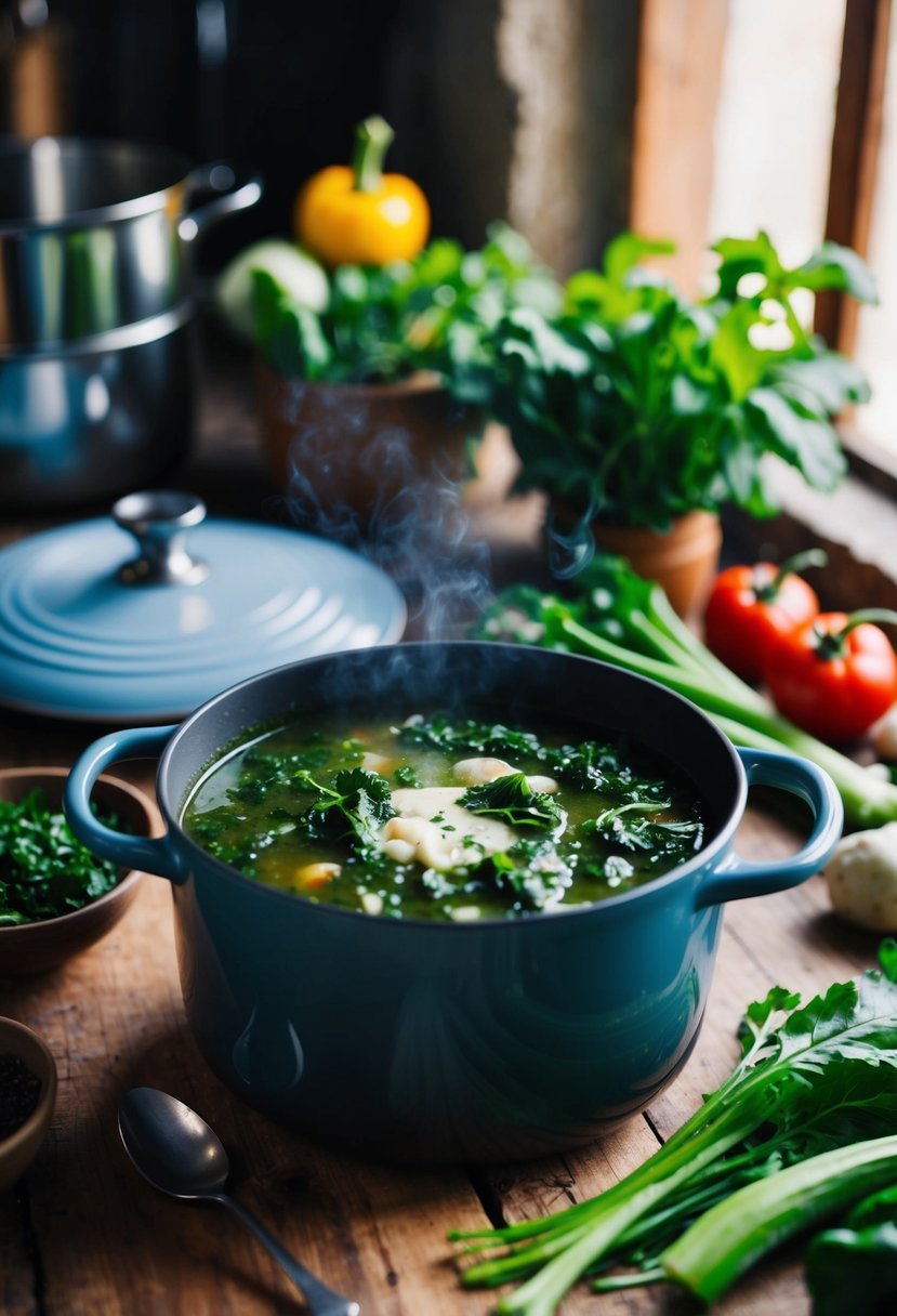 A rustic kitchen with a bubbling pot of Cavolo Nero soup, surrounded by fresh vegetables and herbs