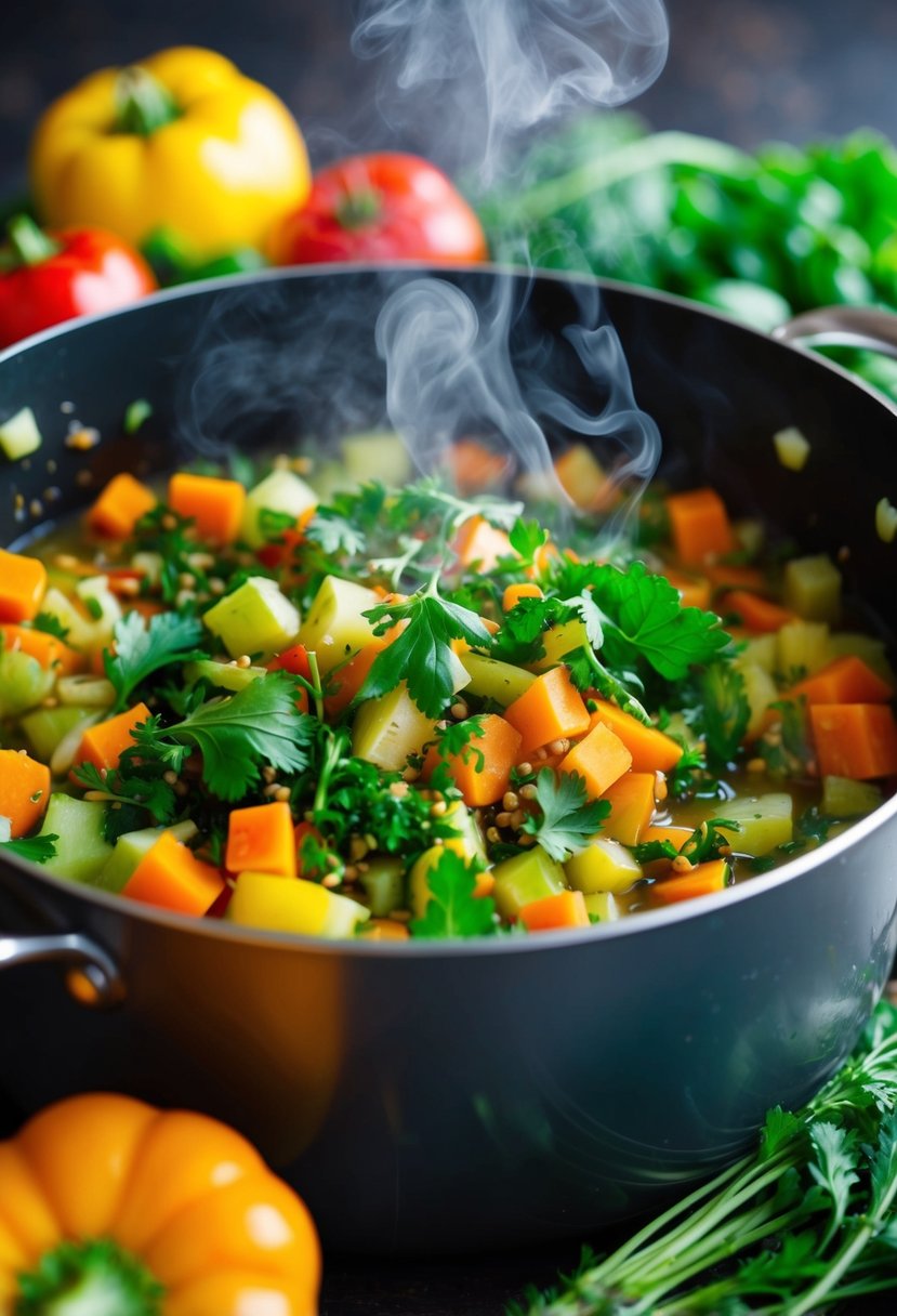 Freshly chopped vegetables simmering in a pot with aromatic herbs and spices. Vibrant colors and steam rising from the pot