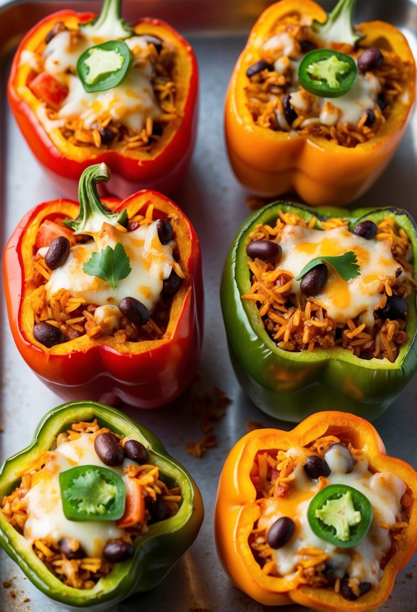 Fresh bell peppers halved and filled with a colorful mixture of rice, beans, and vegetables, topped with melted cheese and baked to perfection