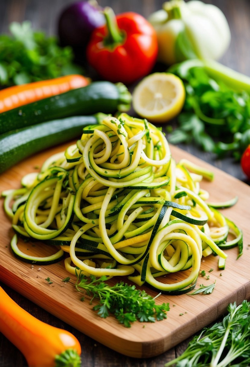 A colorful array of zucchini noodles, surrounded by fresh vegetables and herbs on a wooden cutting board