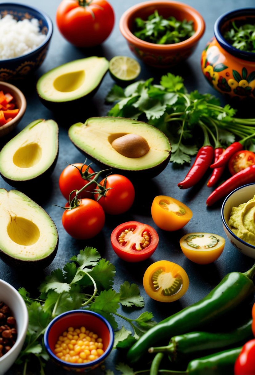 A colorful spread of ingredients like avocados, tomatoes, chili peppers, and cilantro, alongside traditional Mexican cookware and utensils