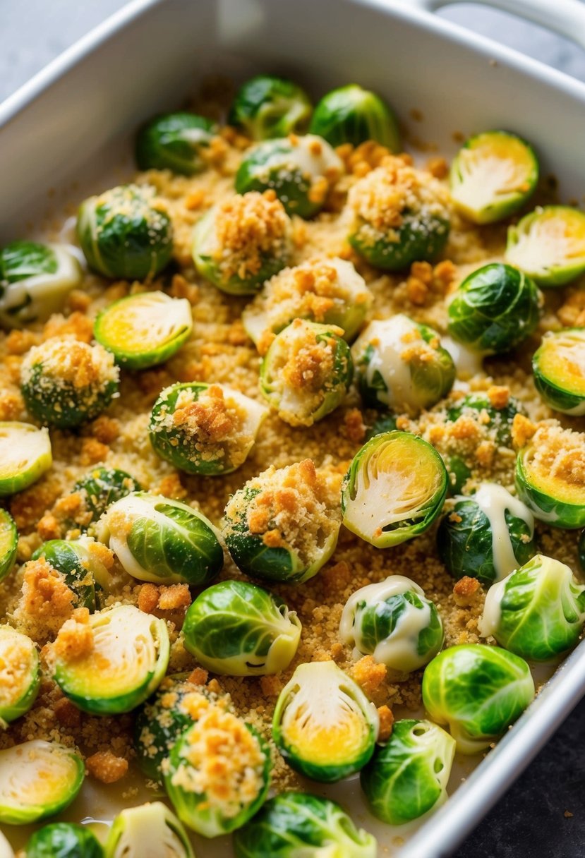 A baking dish filled with Brussels sprouts, covered in creamy sauce and topped with golden brown breadcrumbs