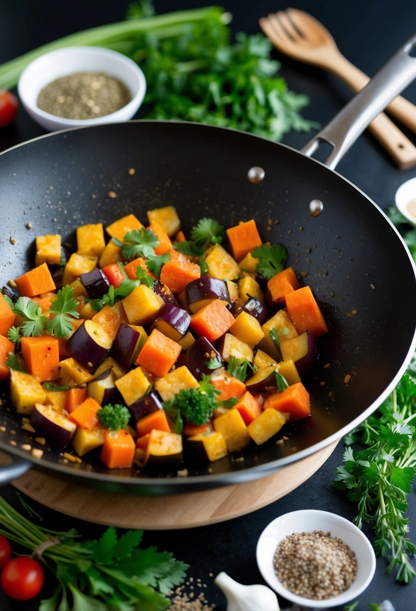 A sizzling wok filled with colorful diced vegetables and chunks of spicy eggplant, surrounded by an array of fresh herbs and seasonings