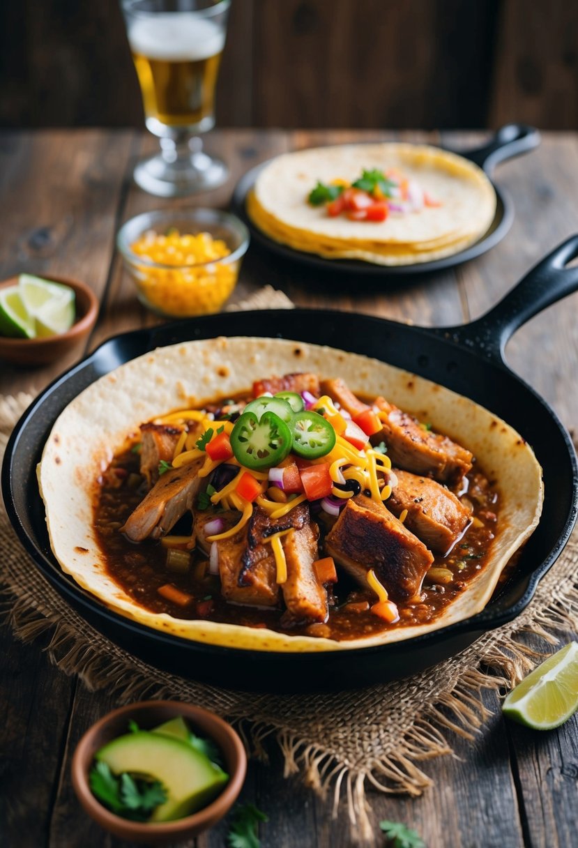 A sizzling skillet of pork carnitas with colorful toppings, nestled in warm corn tortillas on a rustic wooden table