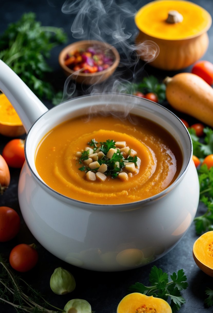 A steaming pot of butternut squash soup surrounded by colorful vegetables and herbs