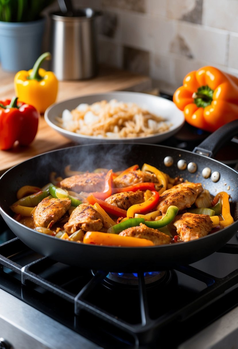 A sizzling skillet of Chicken Fajitas with colorful peppers and onions cooking on a stovetop