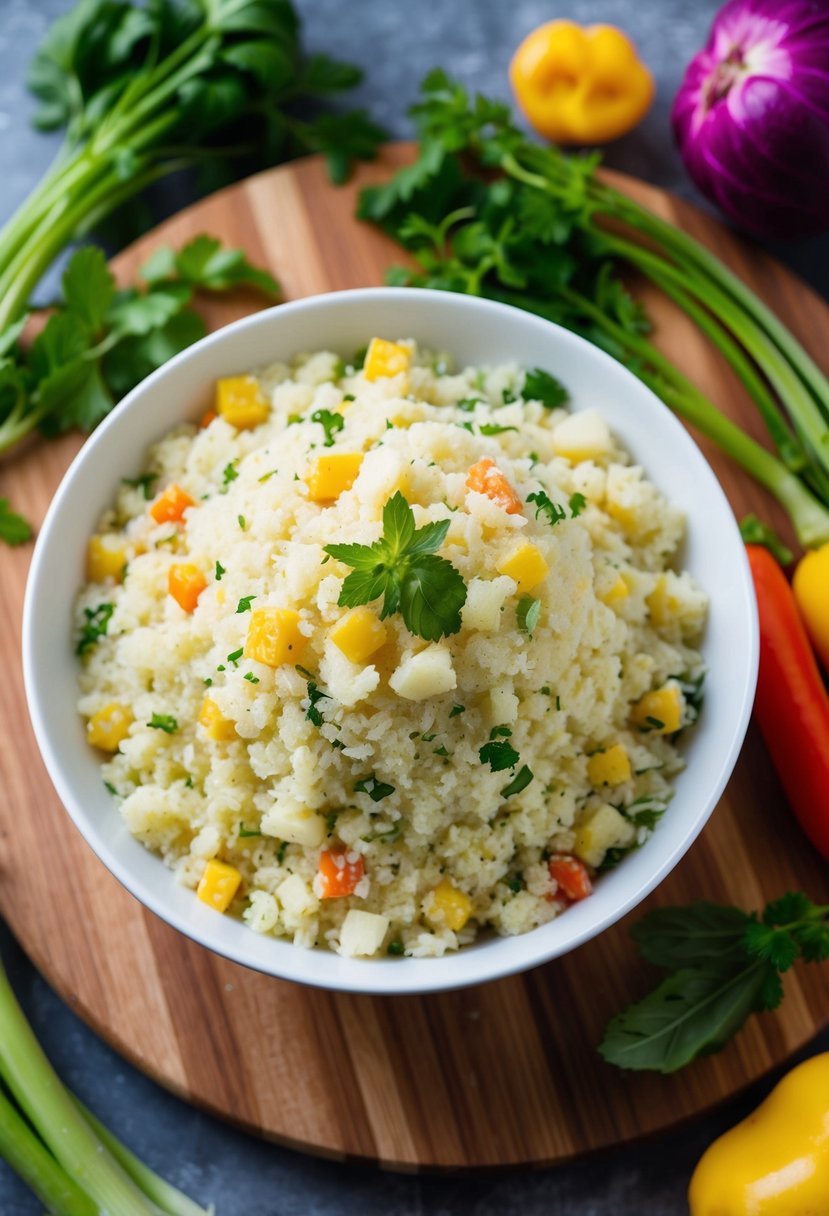 A bowl of cauliflower rice surrounded by colorful vegetables and herbs on a wooden cutting board