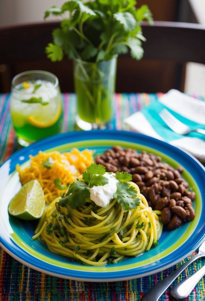 A table set with a colorful plate of green spaghetti, garnished with cilantro and queso fresco, accompanied by a side of refried beans and a glass of agua fresca