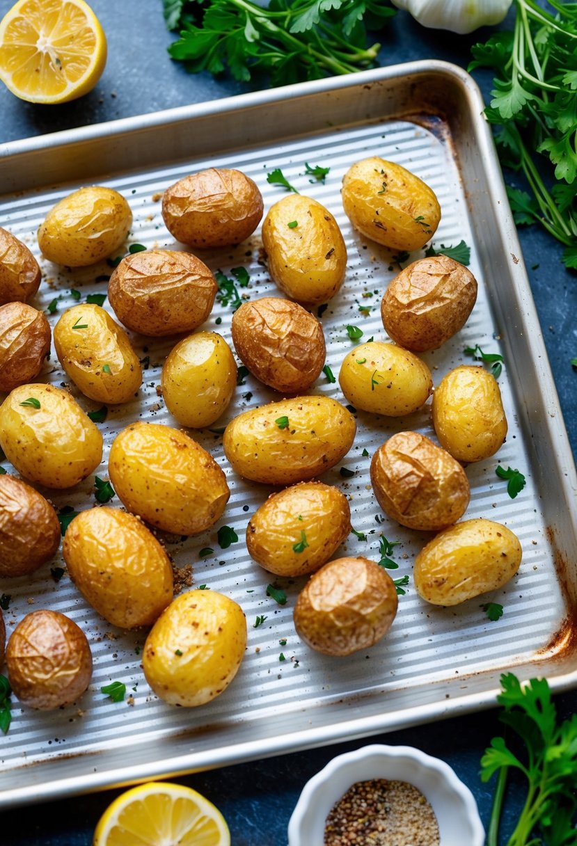 A baking sheet with golden brown, crispy garlic roasted potatoes, surrounded by fresh herbs and spices