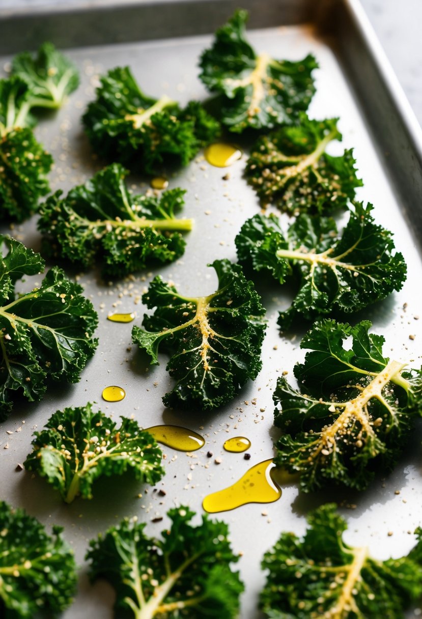 Fresh kale leaves spread on a baking sheet, drizzled with oil and sprinkled with seasoning, ready to be baked into crispy kale chips